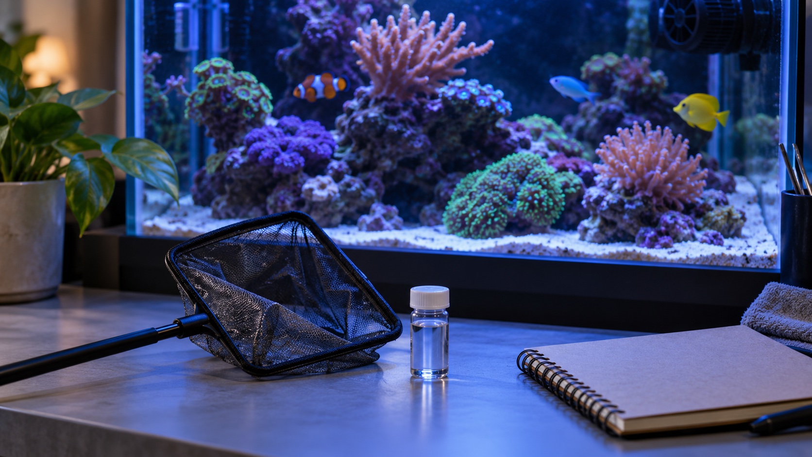 Aquarium net, sample vial and notebook beside a reef tank