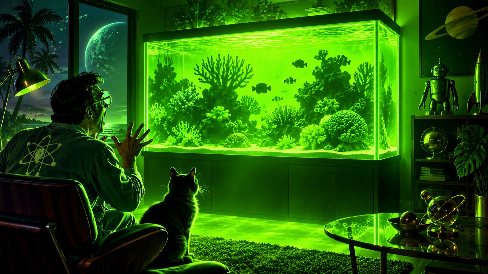 Playful science-fiction illustration of a reef tank glowing bright green