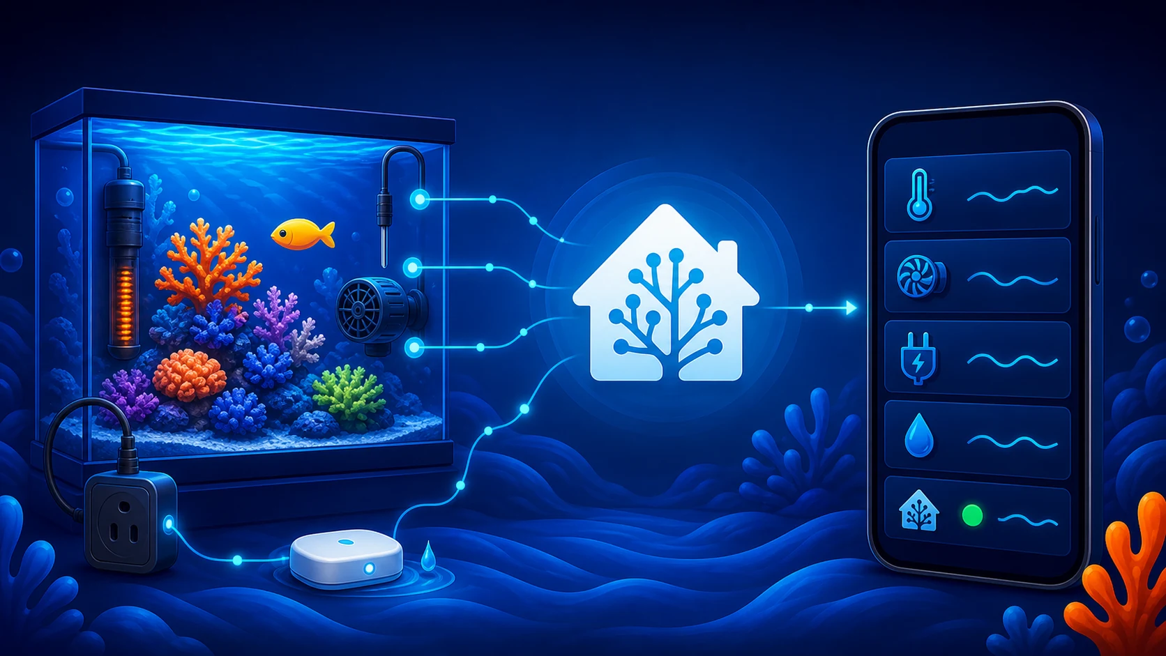 A reef aquarium with a heater, pump, power-monitoring smart plug, temperature probe, and leak sensor sending readings through Home Assistant to a mobile monitoring dashboard