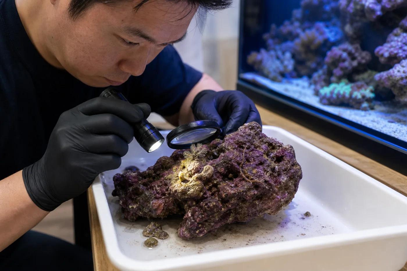 A reef keeper examining coralline-covered live rock in a white saltwater tray with a flashlight and magnifying lens