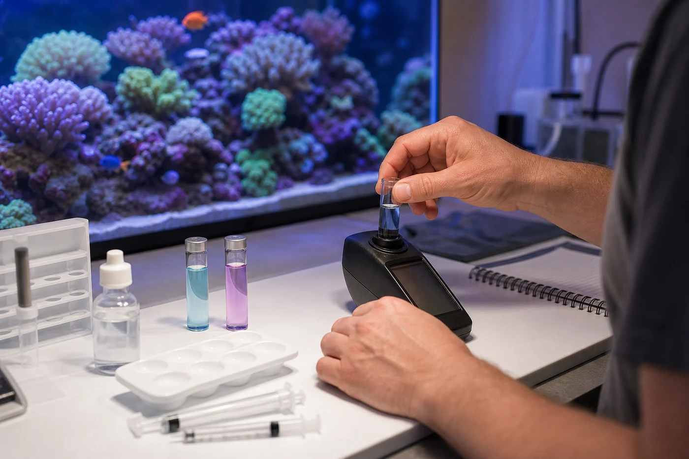 A reef keeper using clean sample vials and an unbranded colorimeter at a nutrient-testing workstation beside a mature coral aquarium