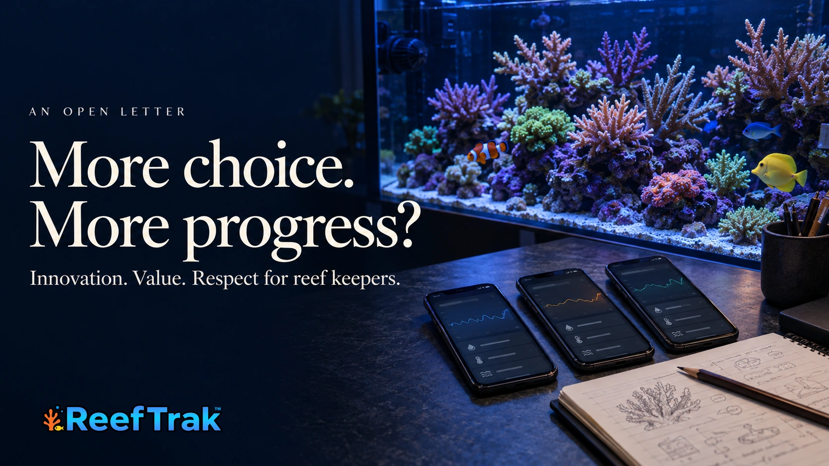 Photographic editorial scene of a reef aquarium, anonymous smartphones and a notebook, with the headline More choice. More progress? and the original transparent ReefTrak logo.