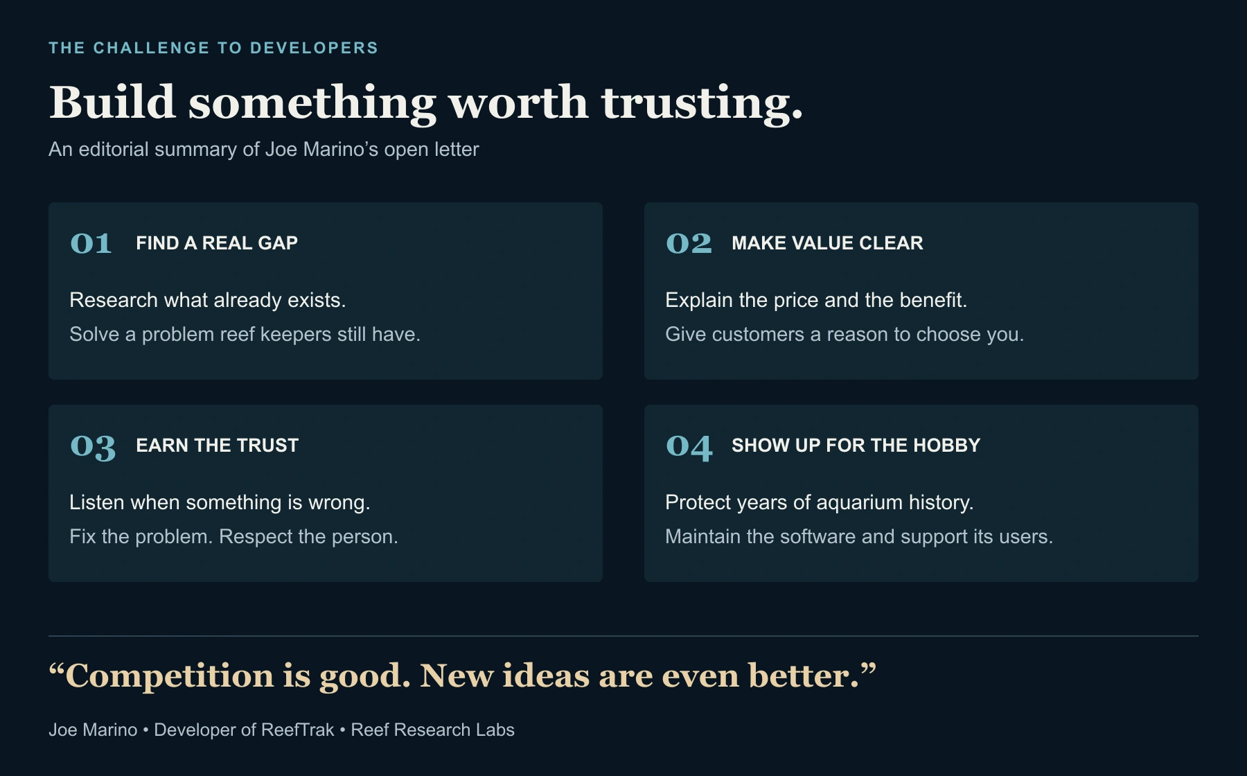 Four principles from Joe Marino’s open letter: find a real gap, make value clear, earn the trust, and show up for the hobby.