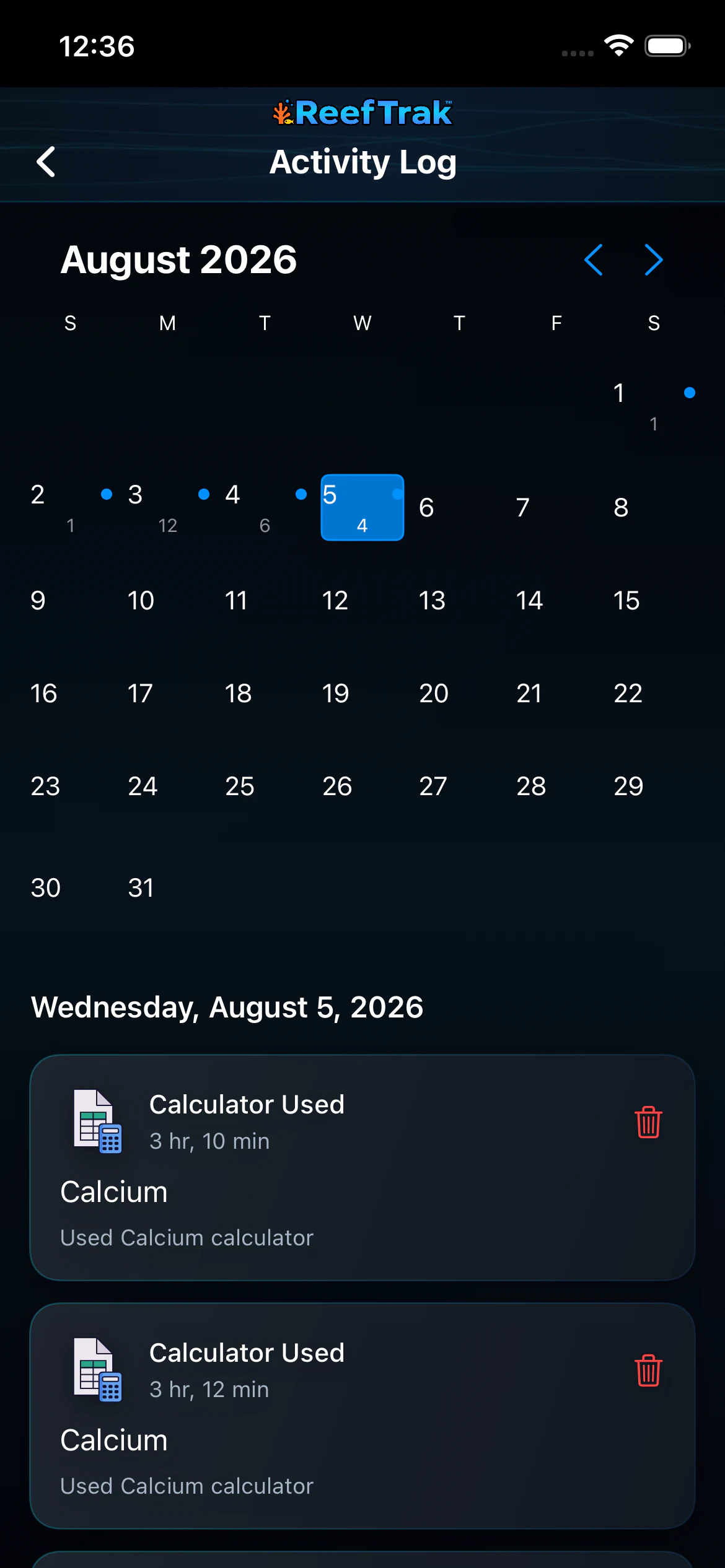 Reef Trak Activity Log on iPhone showing an August calendar and calculator, report, and feeding activity for the selected day