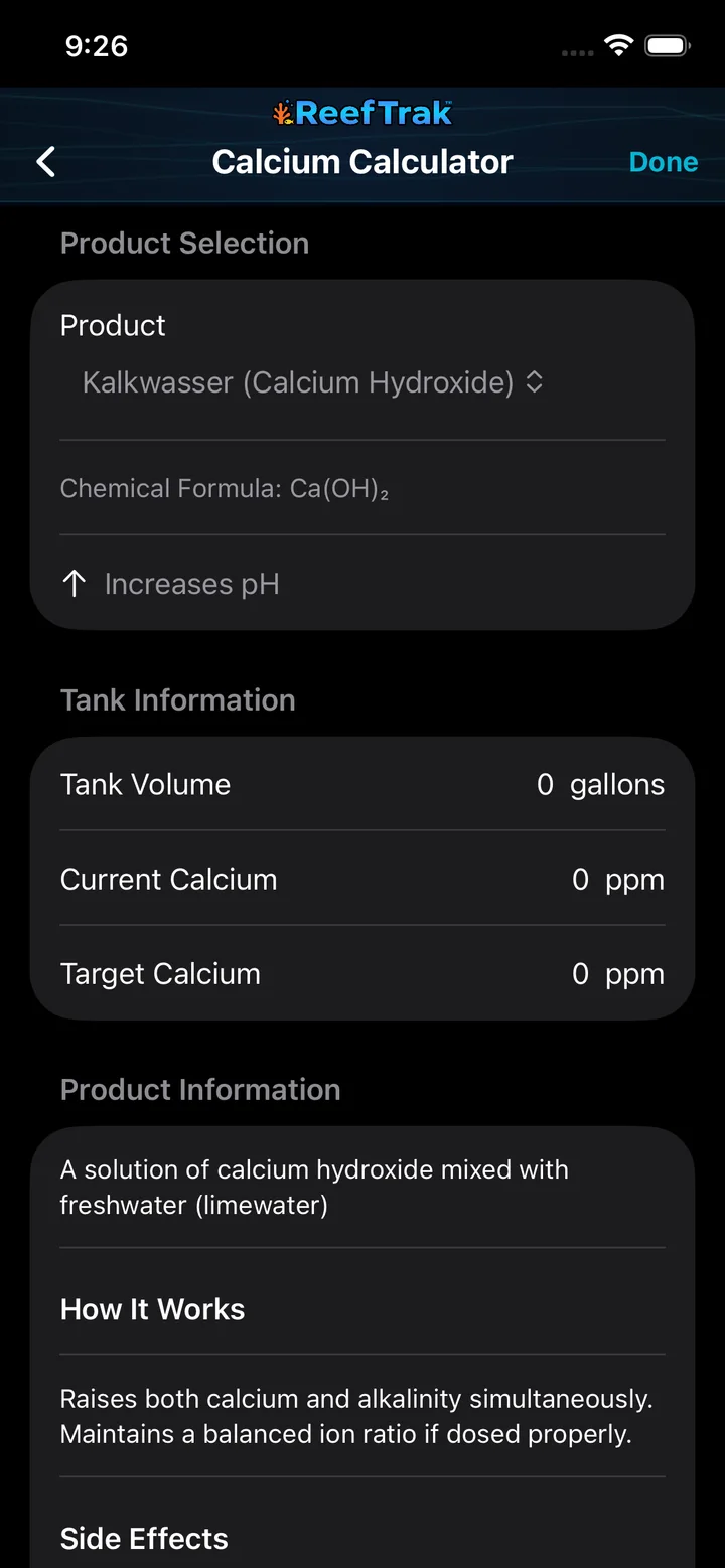 Reef Trak Calcium Calculator showing product selection, tank volume, current calcium, and target calcium fields on iPhone