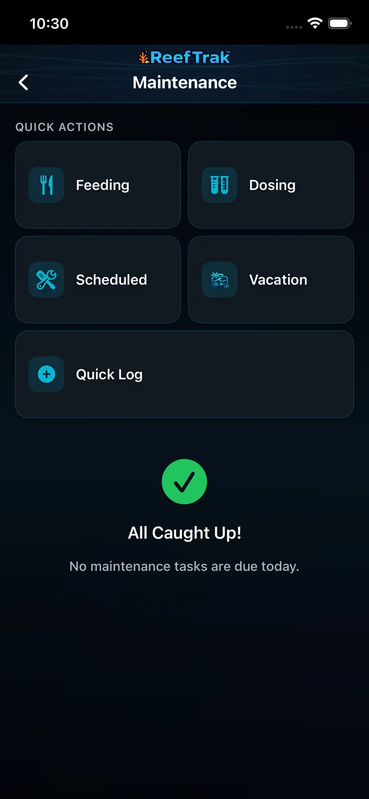 Reef Trak Maintenance screen on iPhone showing the Dosing quick action beside Feeding
