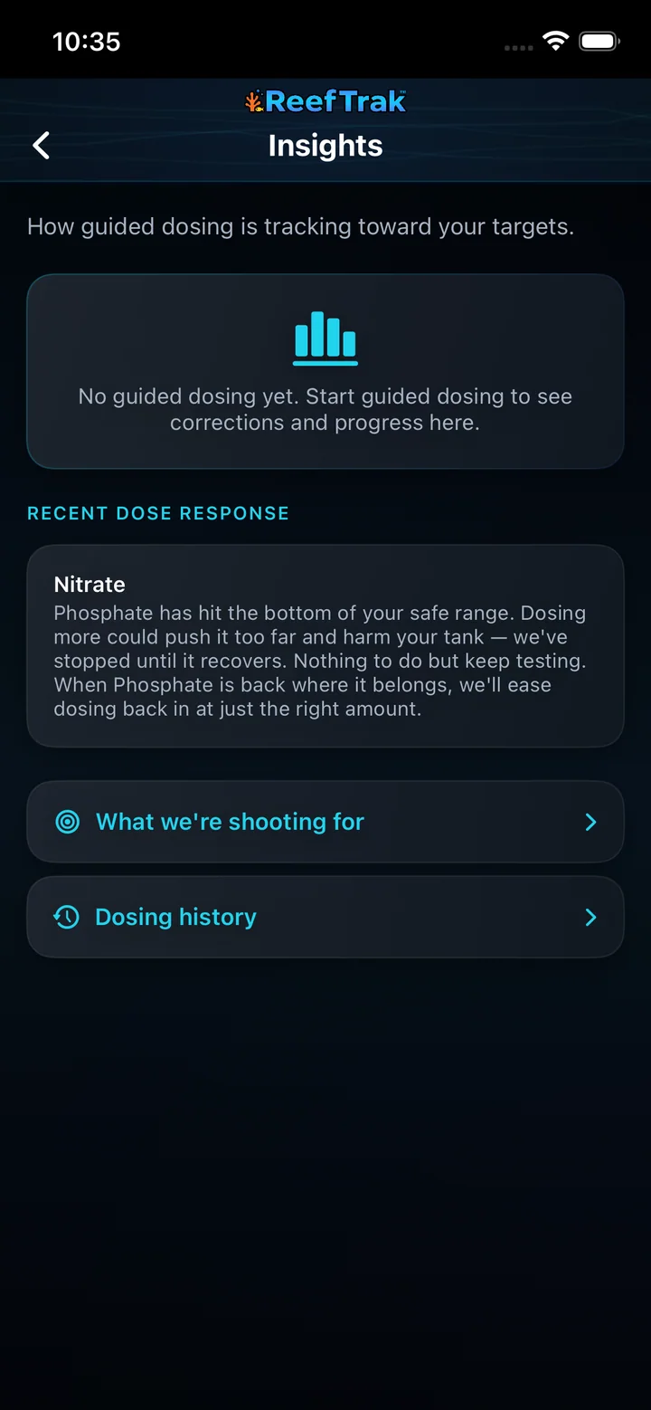 Reef Trak Dosing Insights on iPhone showing a recent dose-response explanation, target link, and dosing-history link
