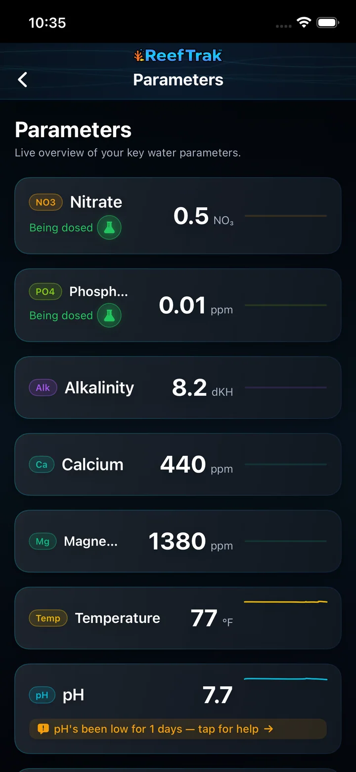 Reef Trak Dosing Parameters screen on iPhone showing current nitrate and phosphate marked Being dosed plus other water-parameter readings