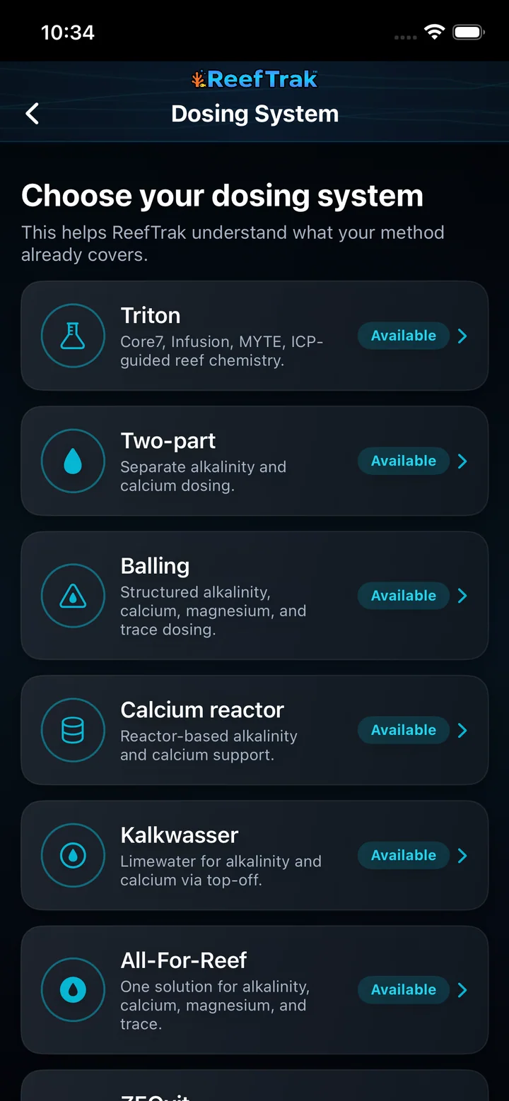 Reef Trak advanced Dosing System list on iPhone showing Triton, Two-part, Balling, calcium reactor, Kalkwasser, All-For-Reef, and other methods