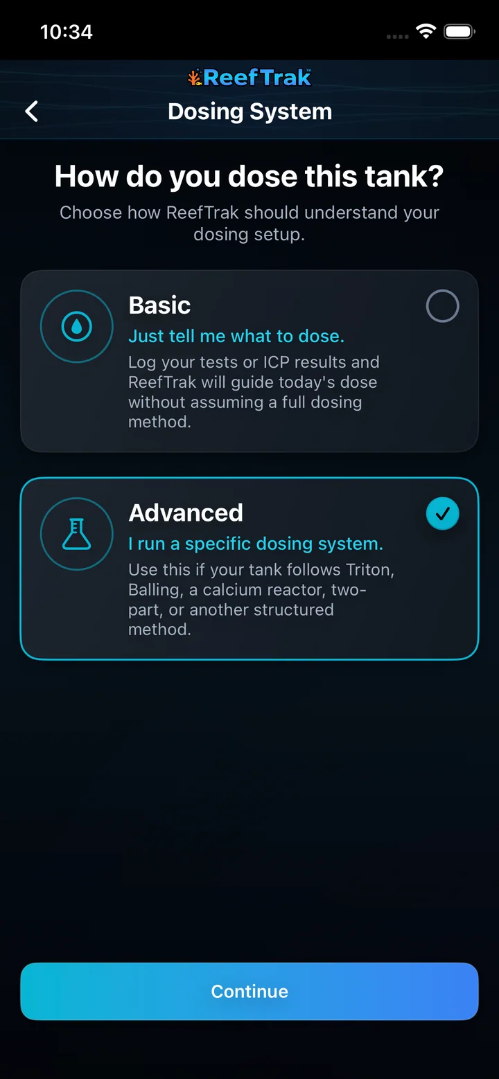 Reef Trak Dosing System setup on iPhone asking whether the tank uses Basic or Advanced dosing