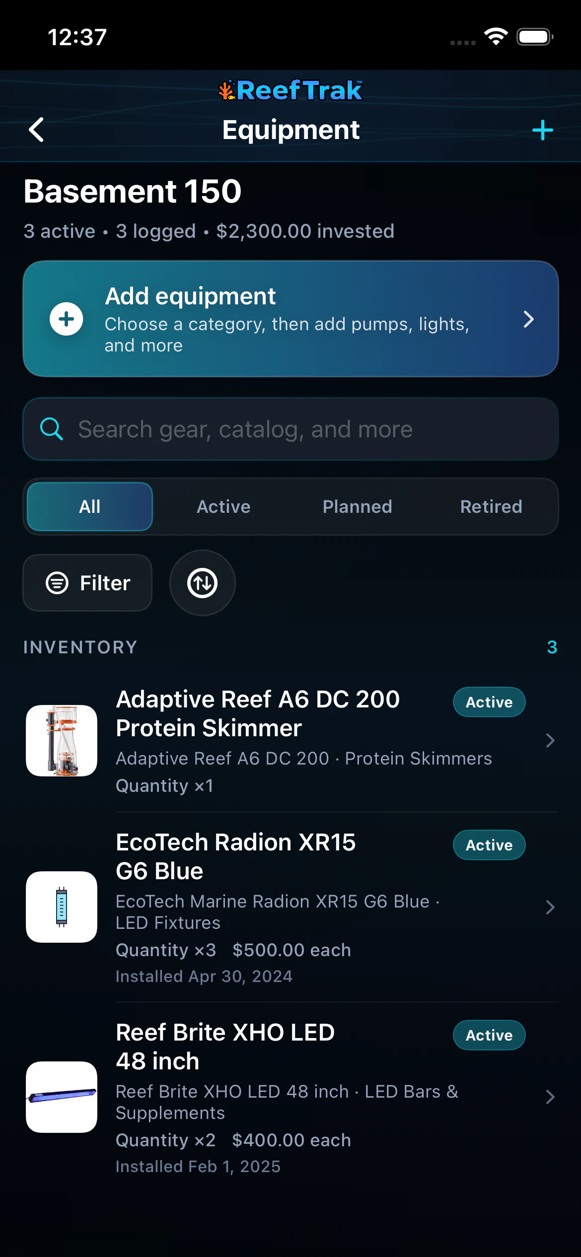 Reef Trak Equipment inventory on iPhone showing active and logged counts, total investment, Add Equipment, search, status filters, and three catalog-backed items