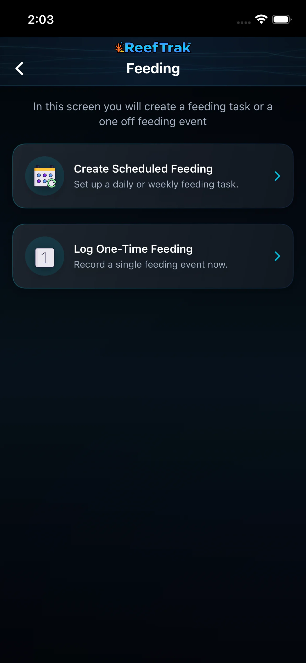 Reef Trak Feeding screen on iPhone with Create Scheduled Feeding above Log One-Time Feeding
