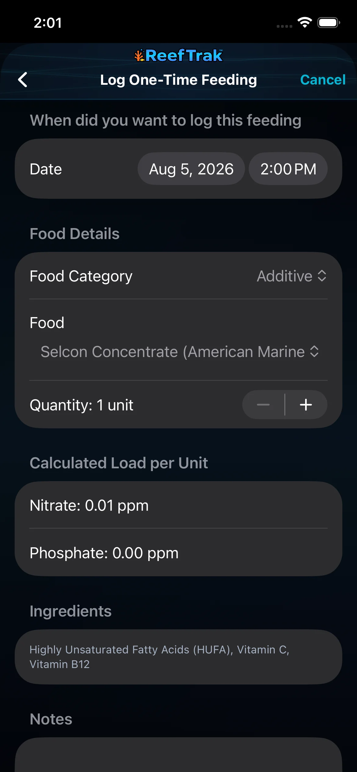 Reef Trak one-time feeding form on iPhone showing date, time, food category, product, quantity, nutrient load, ingredients, and notes
