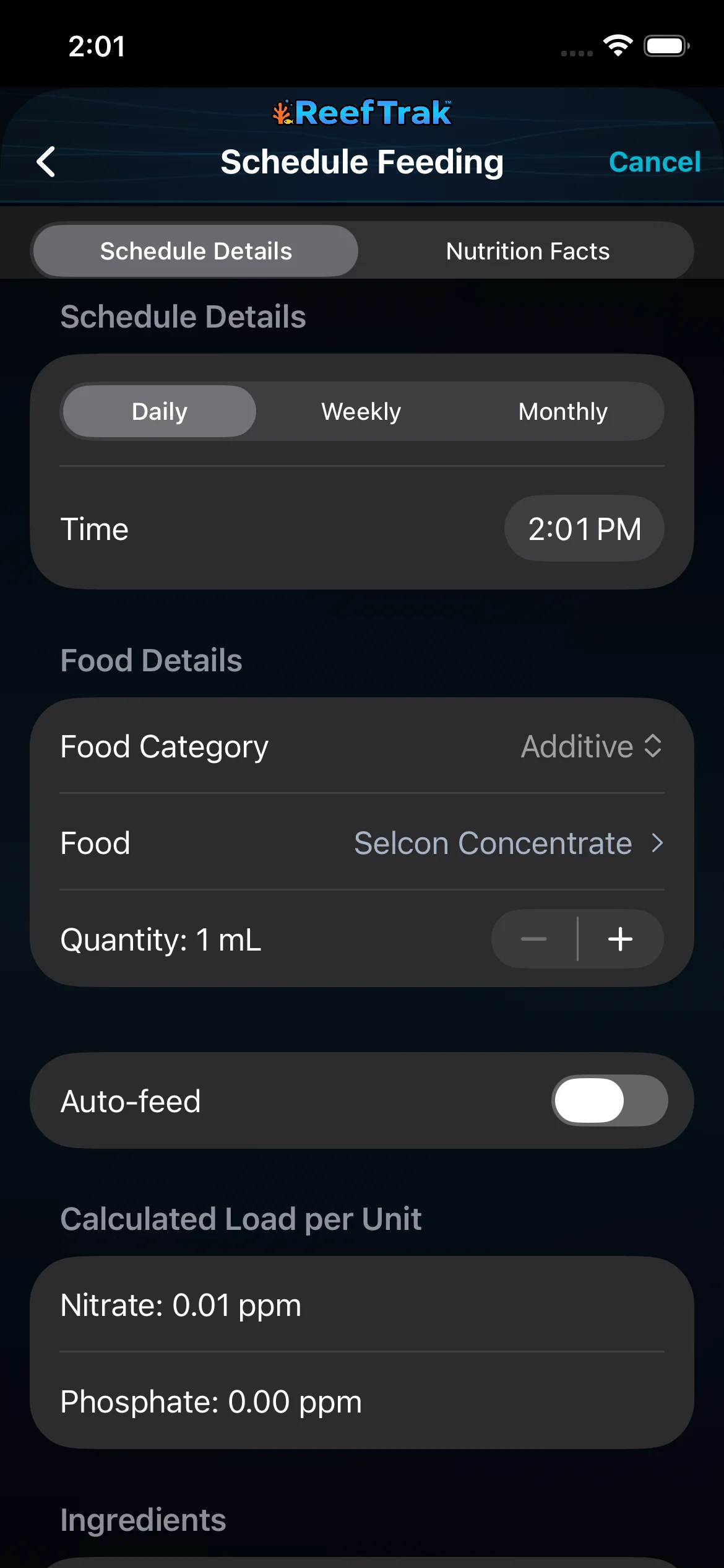 Reef Trak Schedule Feeding screen on iPhone showing daily weekly and monthly cadence, time, food, quantity, auto-feed, nutrient load, and nutrition facts