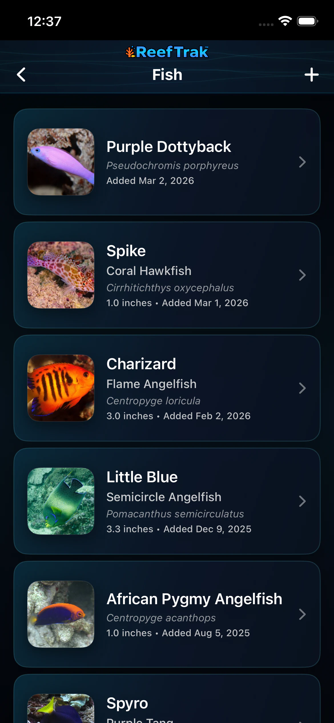 Reef Trak fish roster on iPhone showing named fish, species names, sizes, and dates added plus the Add button