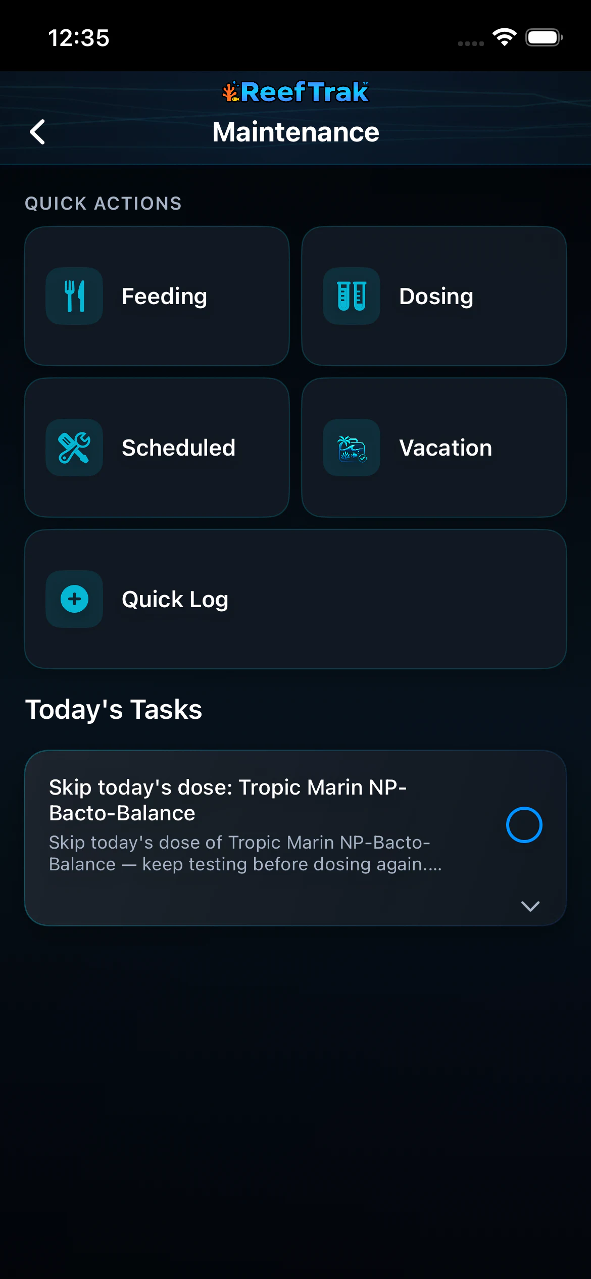 Reef Trak Maintenance screen on iPhone showing Feeding in Quick Actions