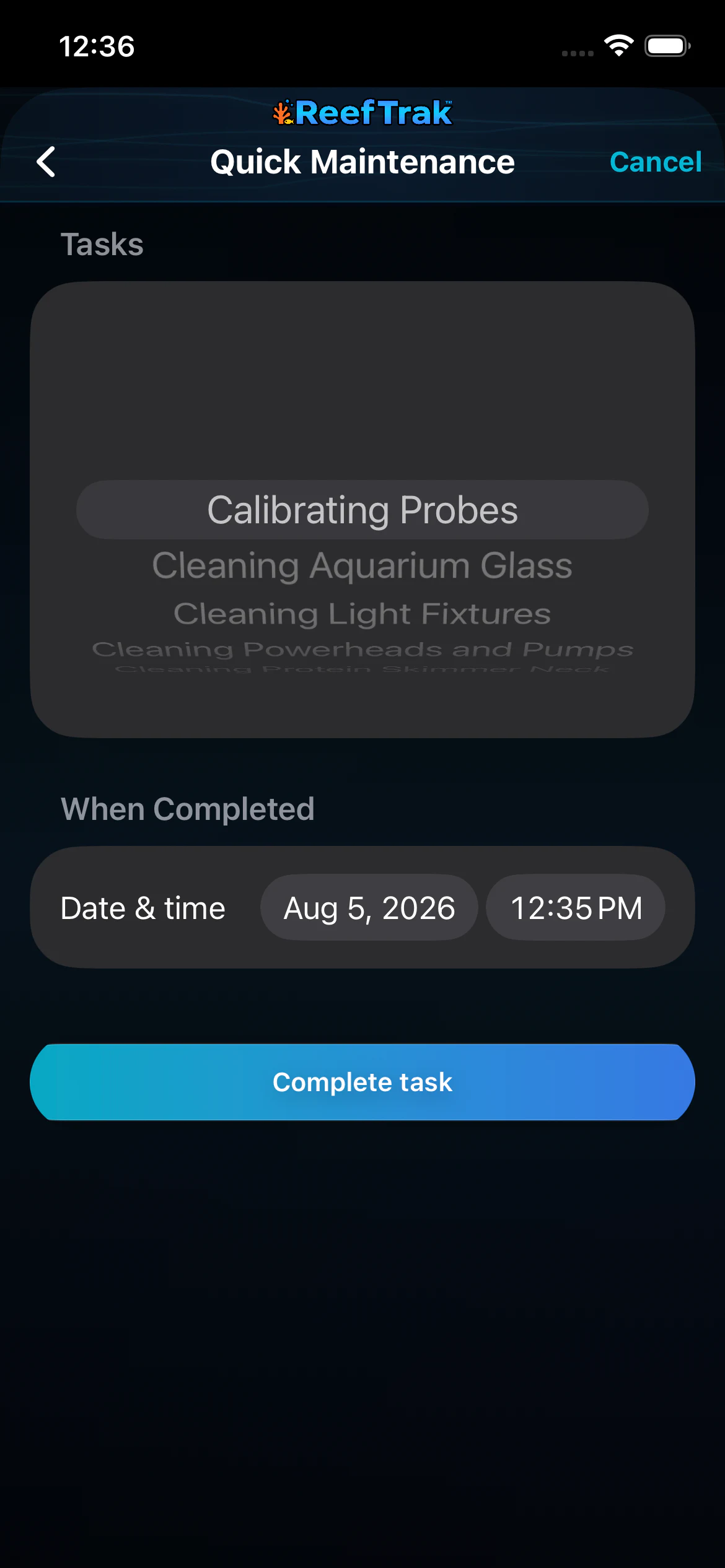 Reef Trak Quick Maintenance on iPhone showing a task selector, completion date and time, and Complete Task button