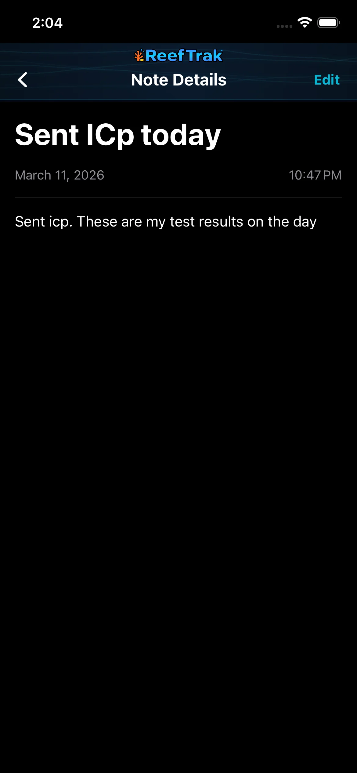 Reef Trak Note Details screen on iPhone showing a saved title, date, time, observation, and Edit action