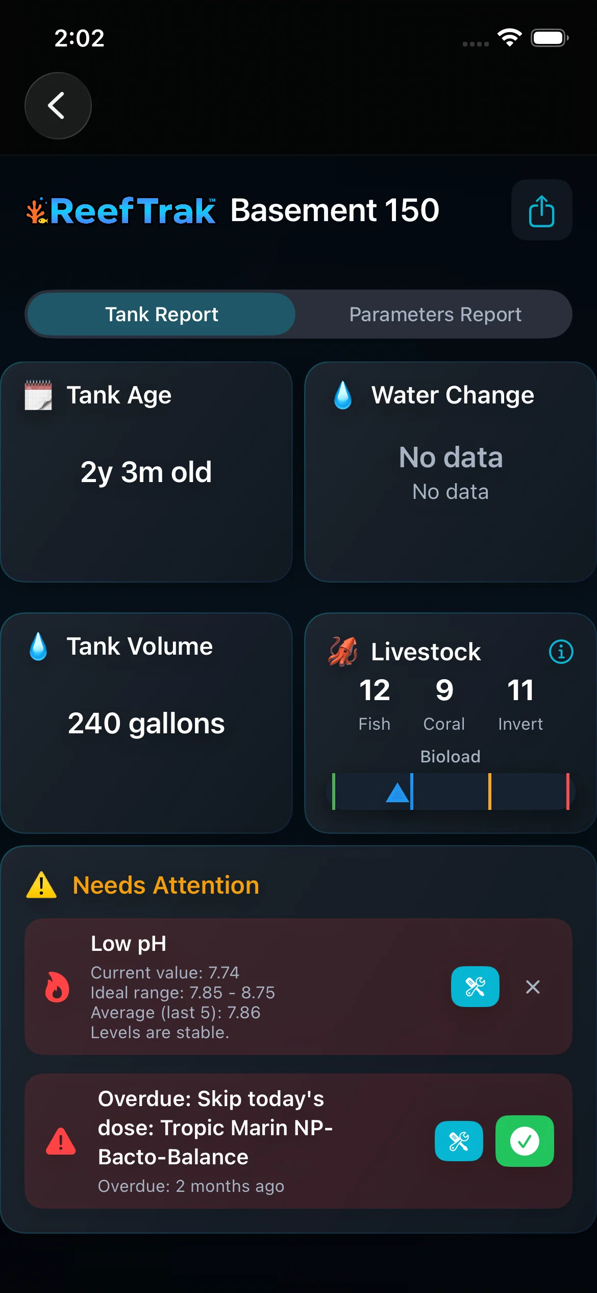 Reef Trak Tank Report on iPhone showing Tank Report and Parameters Report tabs, export action, tank facts, livestock bioload, and attention items