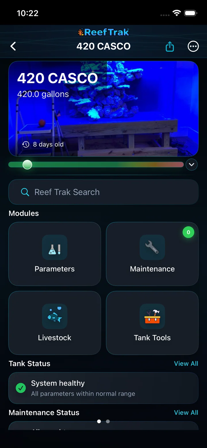 Reef Trak 420 CASCO tank overview on iPhone showing the Stability Trak rail below the tank photo