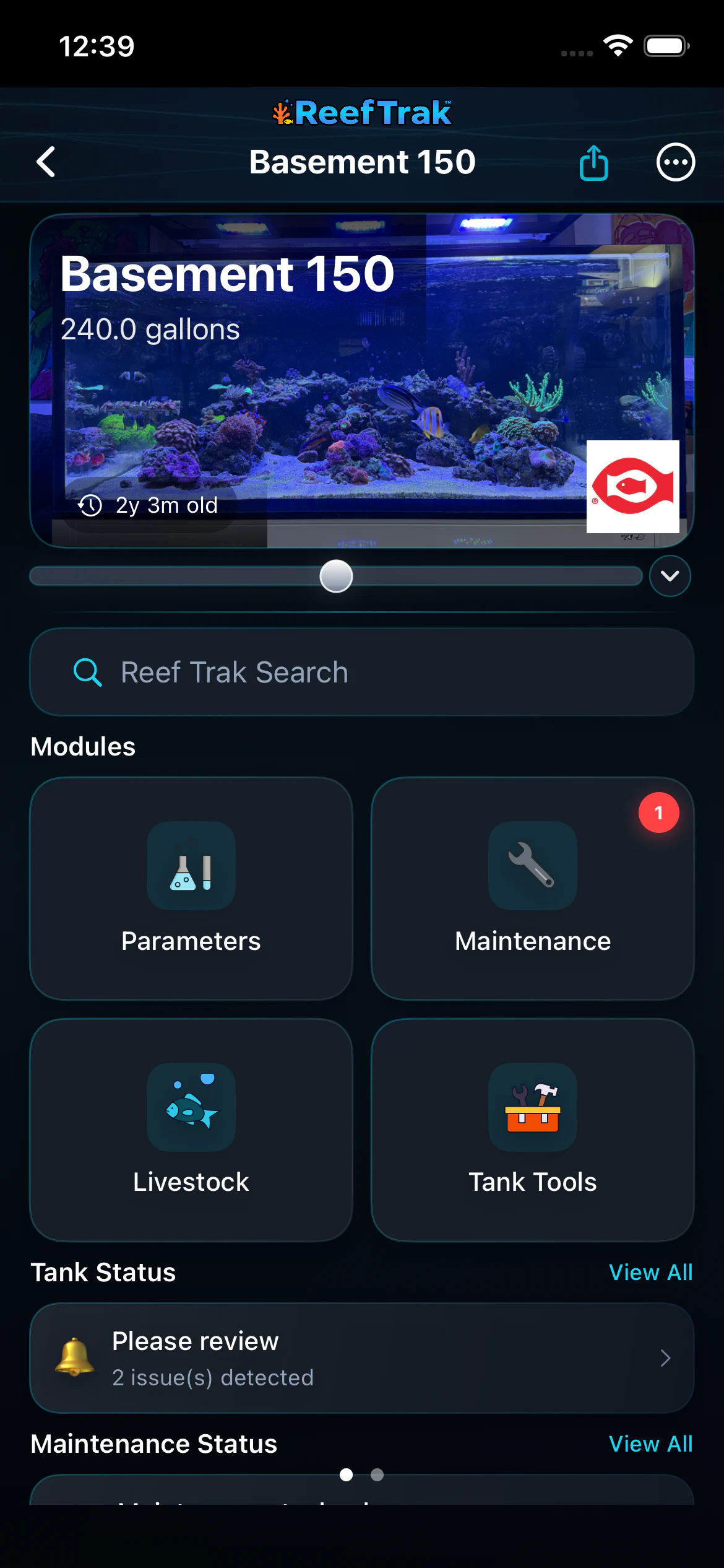 Reef Trak Basement 150 tank dashboard on iPhone showing Parameters, Maintenance, Livestock, and Tank Tools modules
