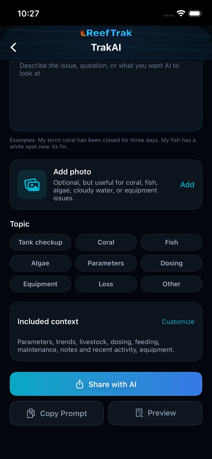 TrakAI composer on iPhone showing Share with AI, Copy Prompt, and Preview actions below the included-context summary