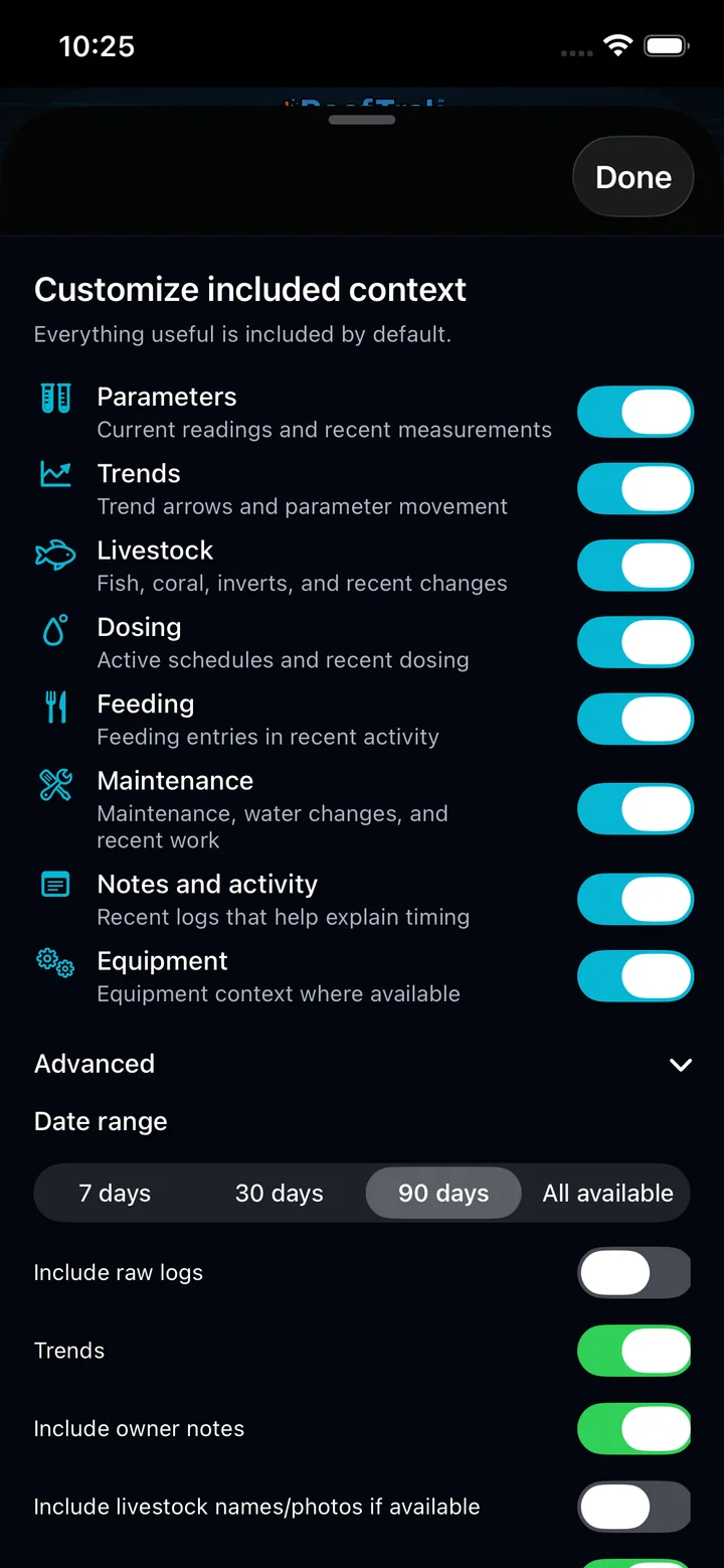 Expanded TrakAI context controls on iPhone showing date range and switches for raw logs, trends, owner notes, livestock photos, and equipment list