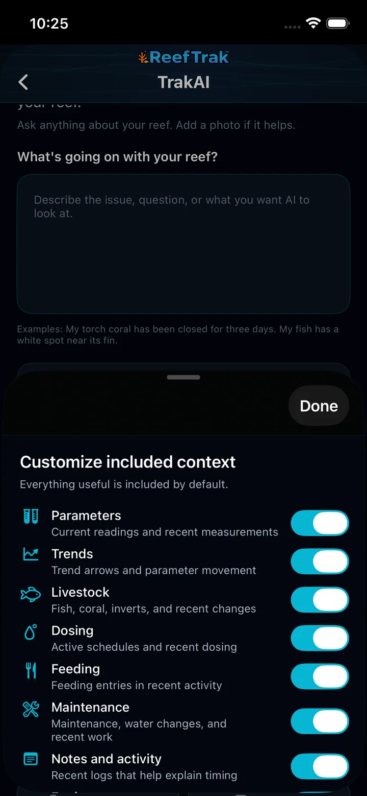 TrakAI context customization sheet on iPhone with switches for parameters, trends, livestock, dosing, feeding, maintenance, notes, and equipment