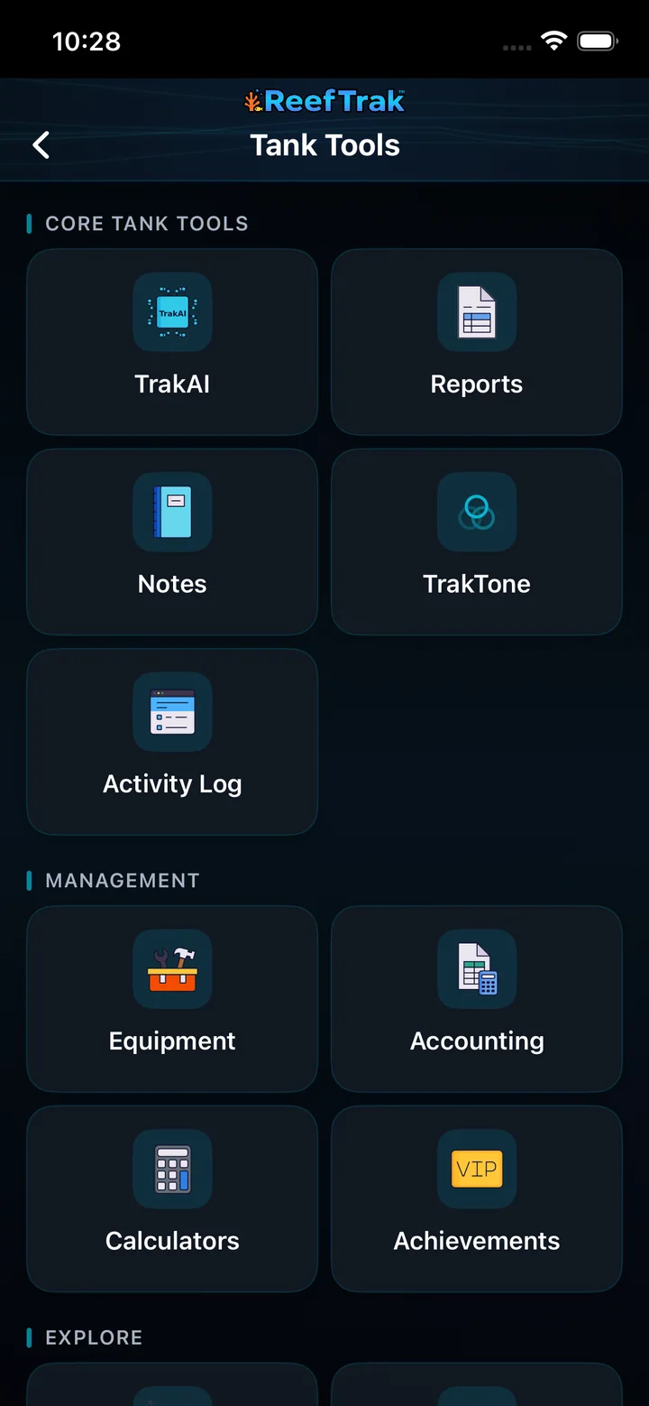 Reef Trak Tank Tools screen on iPhone with the TrakAI tile in Core Tank Tools