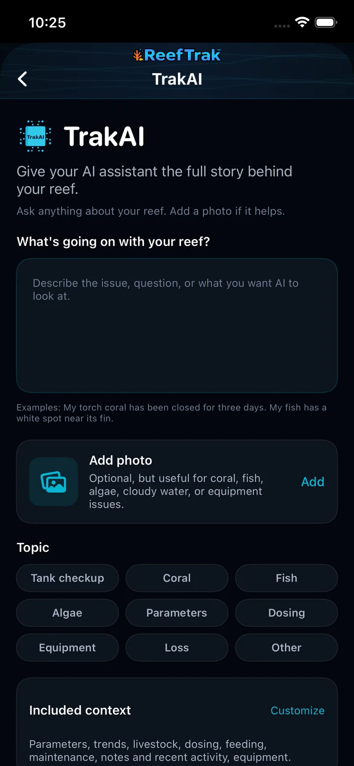 Reef Trak TrakAI composer on iPhone showing the question field, optional photo, topic choices, and included-context summary