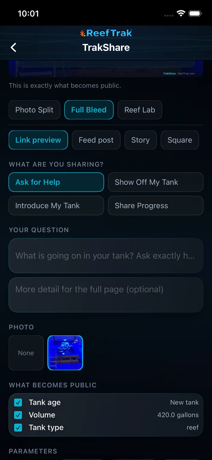 TrakShare on iPhone showing the share purpose, question fields, photo choice, and public tank facts
