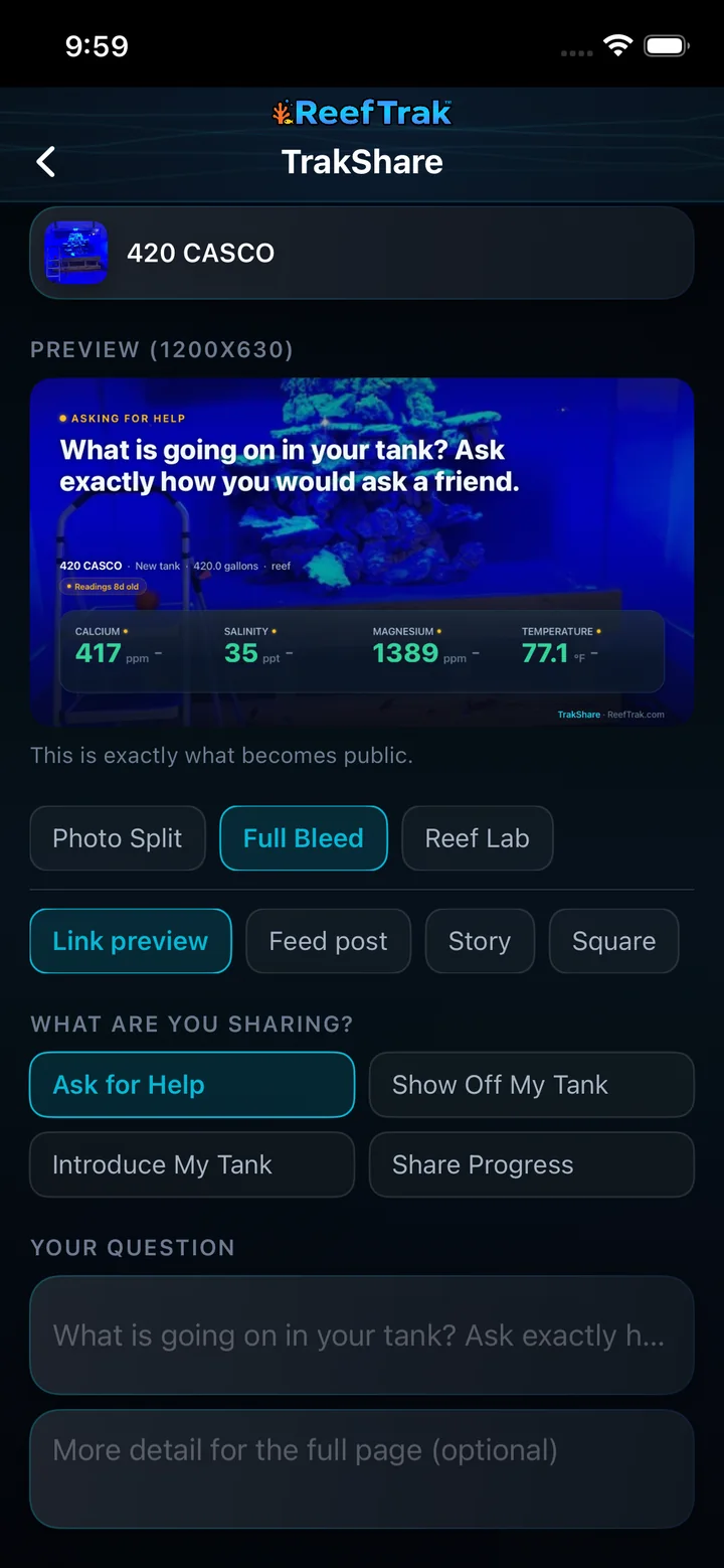 TrakShare on iPhone showing the exact public preview, visual styles, card sizes, and share purpose controls