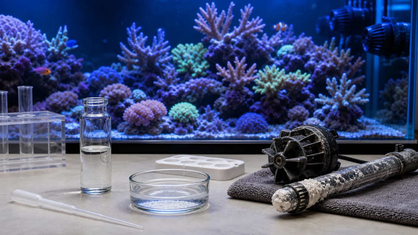 A reef aquarium testing bench with a sample vial, precision pipette, white calcium-carbonate precipitate, and scale on a pump impeller and heater