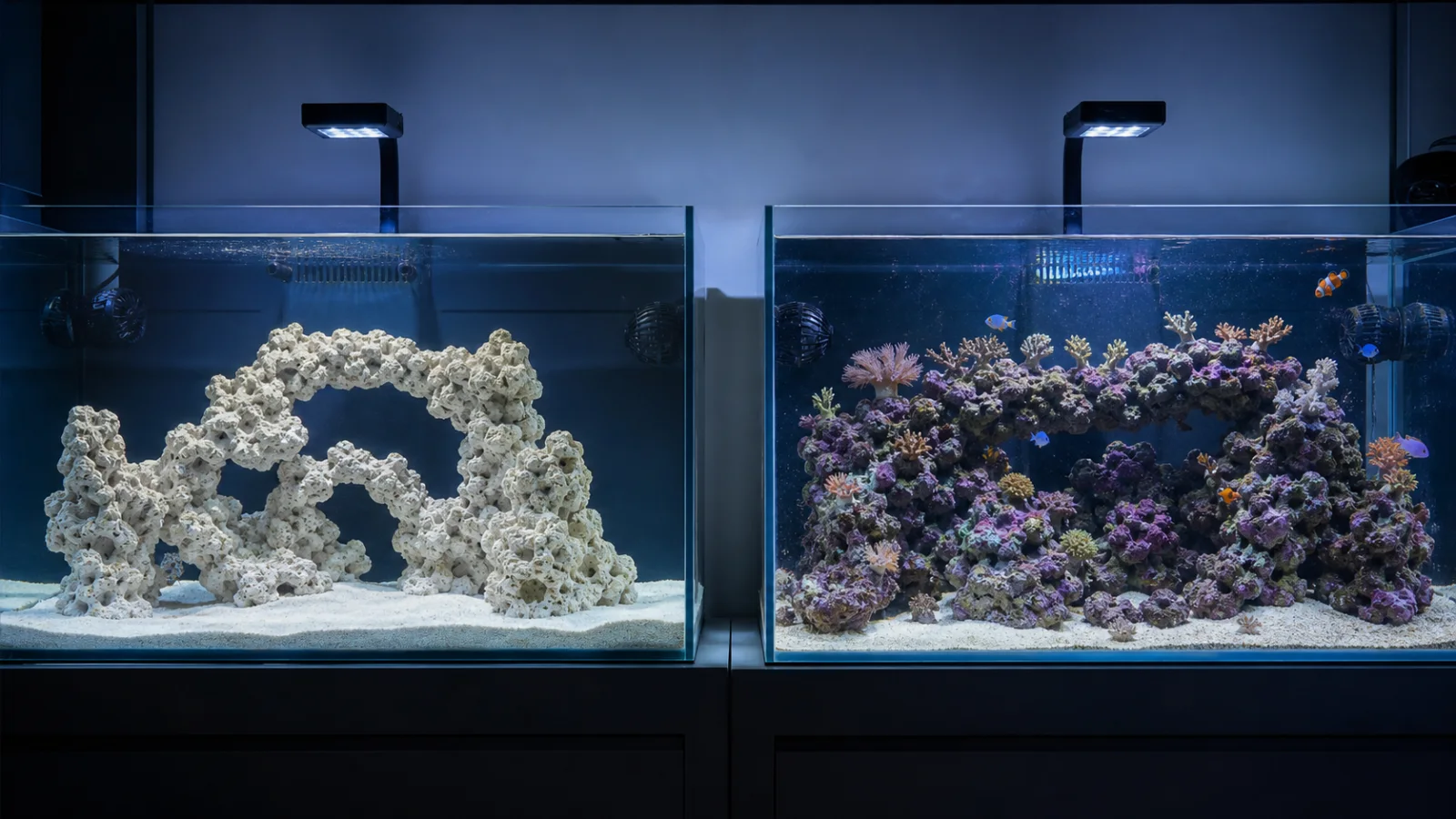 Two reef aquariums side by side, one with clean pale dry rock and one with mature coralline-covered live rock and established coral growth