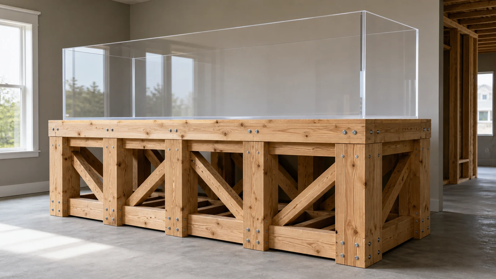 A huge clear acrylic aquarium on an intentionally overbuilt timber stand with massive posts, doubled rails, diagonal bracing, and a continuous top