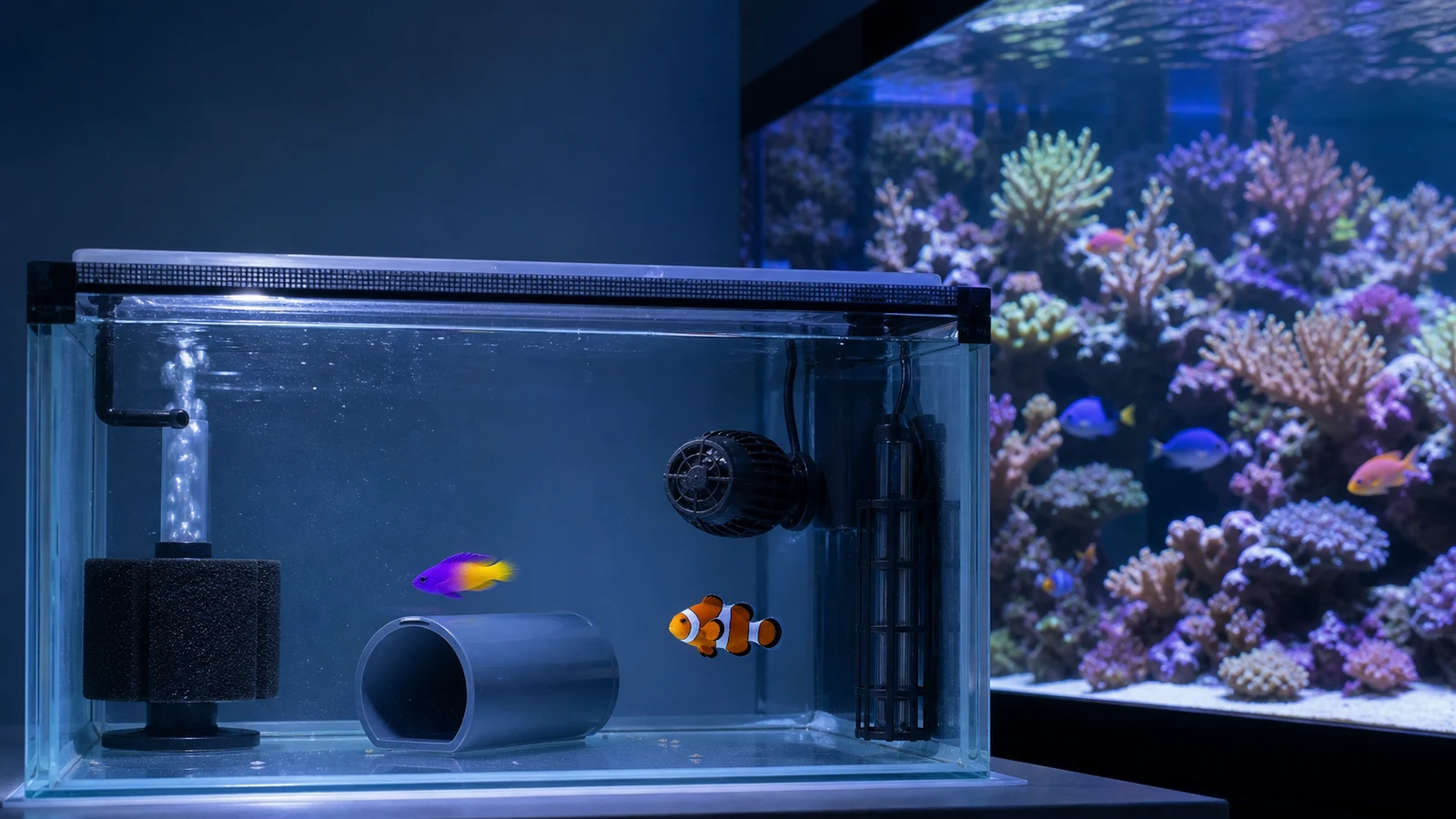A realistic marine fish quarantine tank with a bare glass bottom, gray PVC shelter, sponge filter, guarded heater, lid, and a mature coral reef display behind it