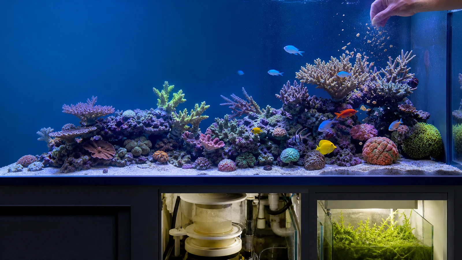 A mature mixed reef aquarium being fed above a cabinet containing a protein skimmer and illuminated macroalgae refugium
