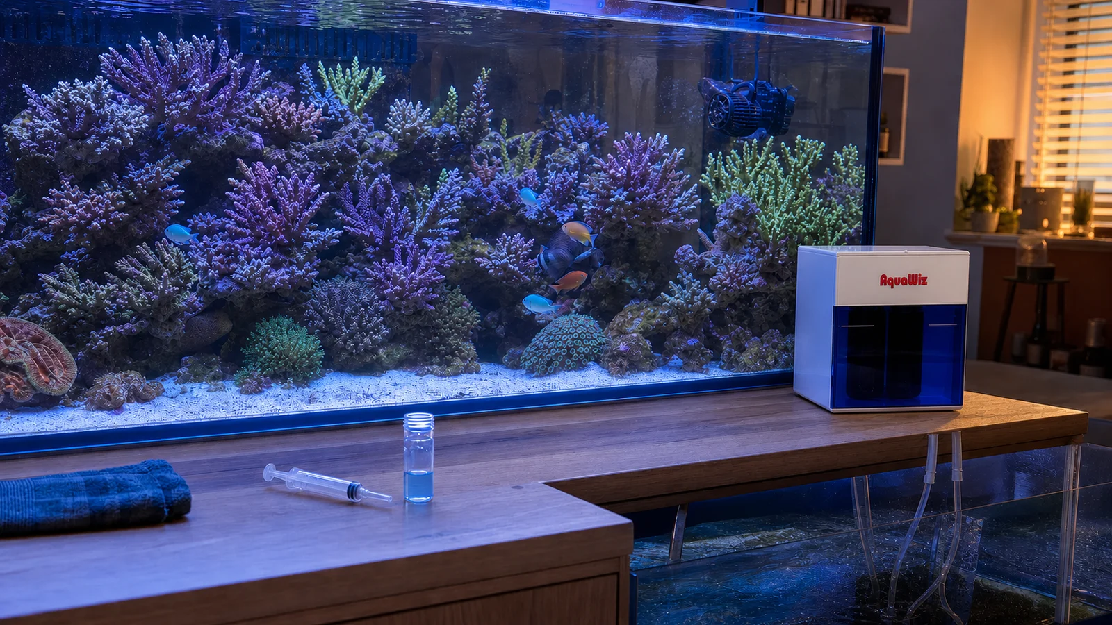 A mature SPS reef aquarium beside a manual alkalinity test vial and an AquaWiz automated KH controller connected to the sump