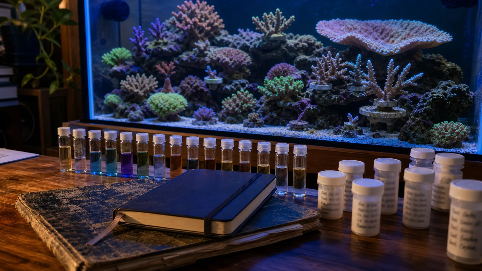 A mature coral reef aquarium behind a chronological row of water samples and several generations of reef-keeping notebooks
