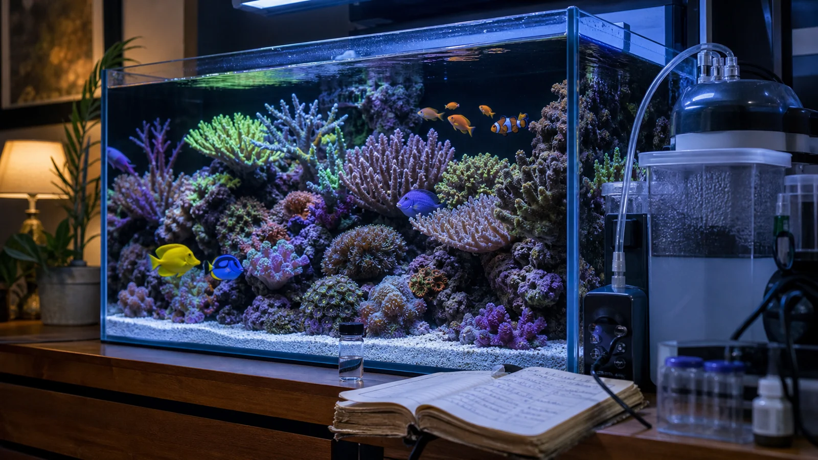 A mature mixed reef aquarium beside its filtration equipment, one water sample, and a long-running reef maintenance notebook