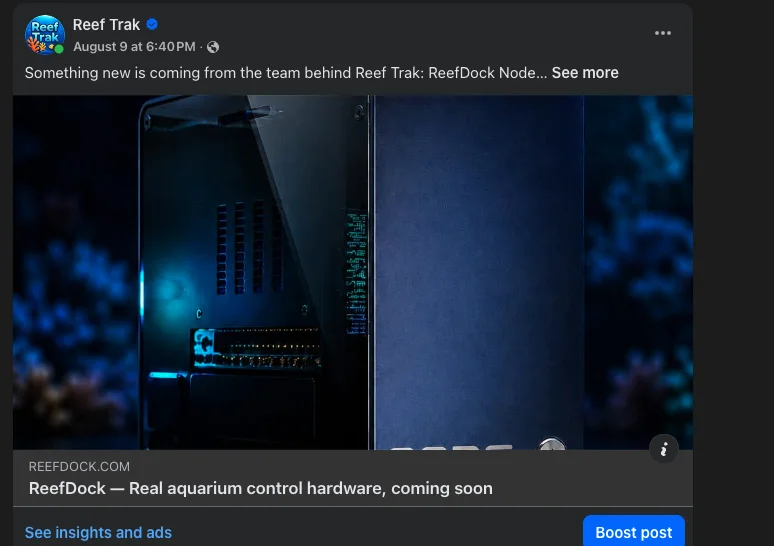 Reef Trak Facebook post from August 9, 2026 announcing ReefDock Node aquarium hardware