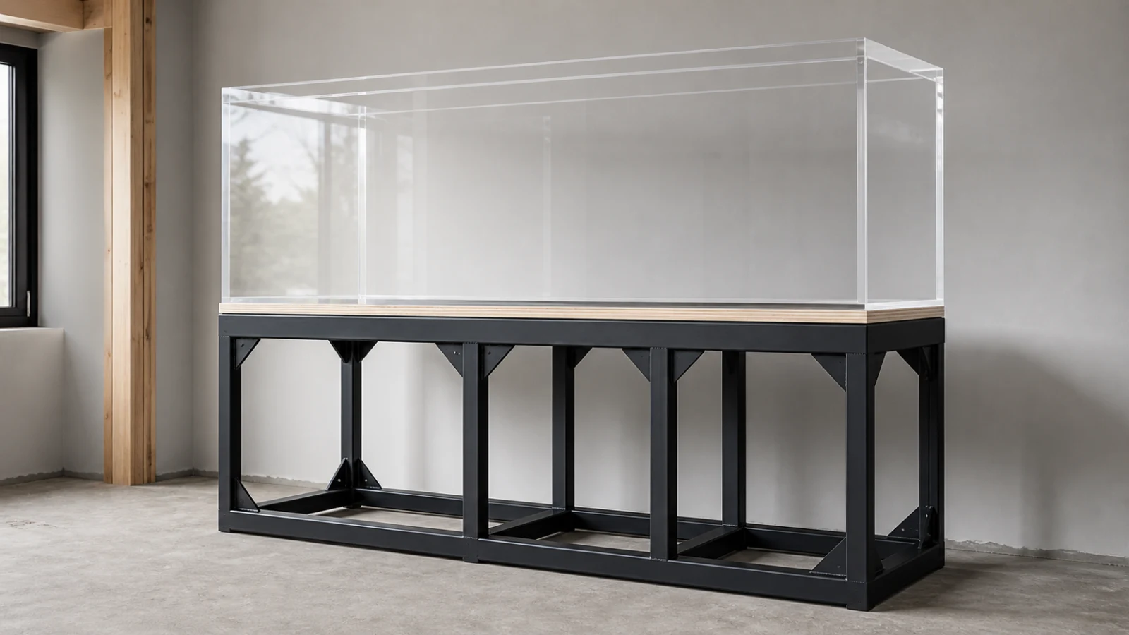 A large clear acrylic aquarium on a slim powder-coated steel stand with aligned legs, gussets, bracing, and a continuous plywood top