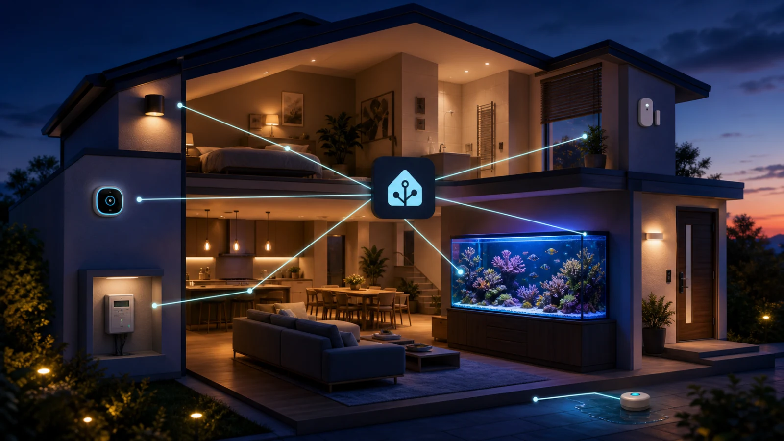 An illustrated connected home with lighting, climate, security, energy, leak, and aquarium devices linked through Home Assistant