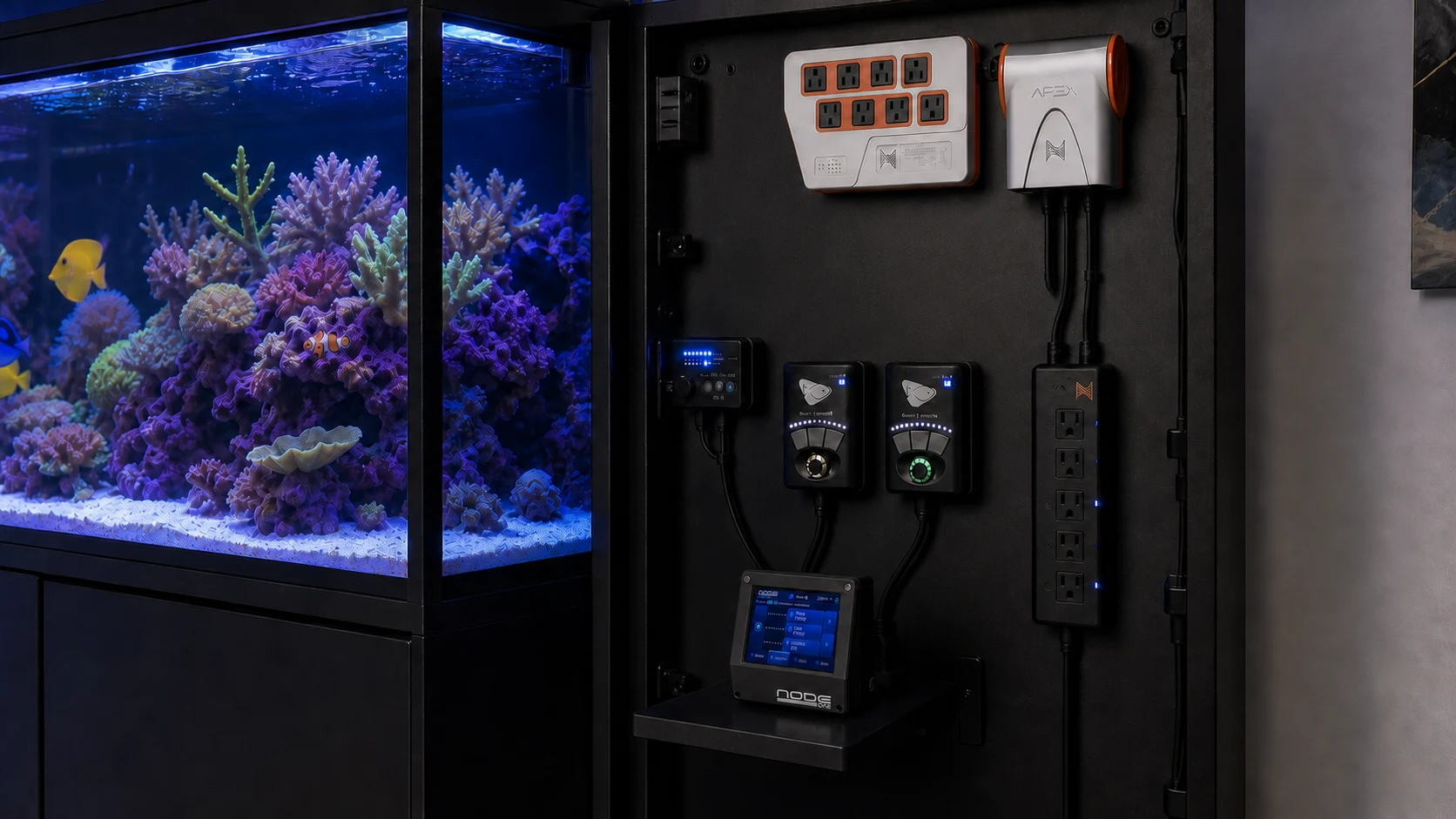 Concept illustration of Node ONE on a small shelf beside an organized Neptune Apex equipment board and reef aquarium